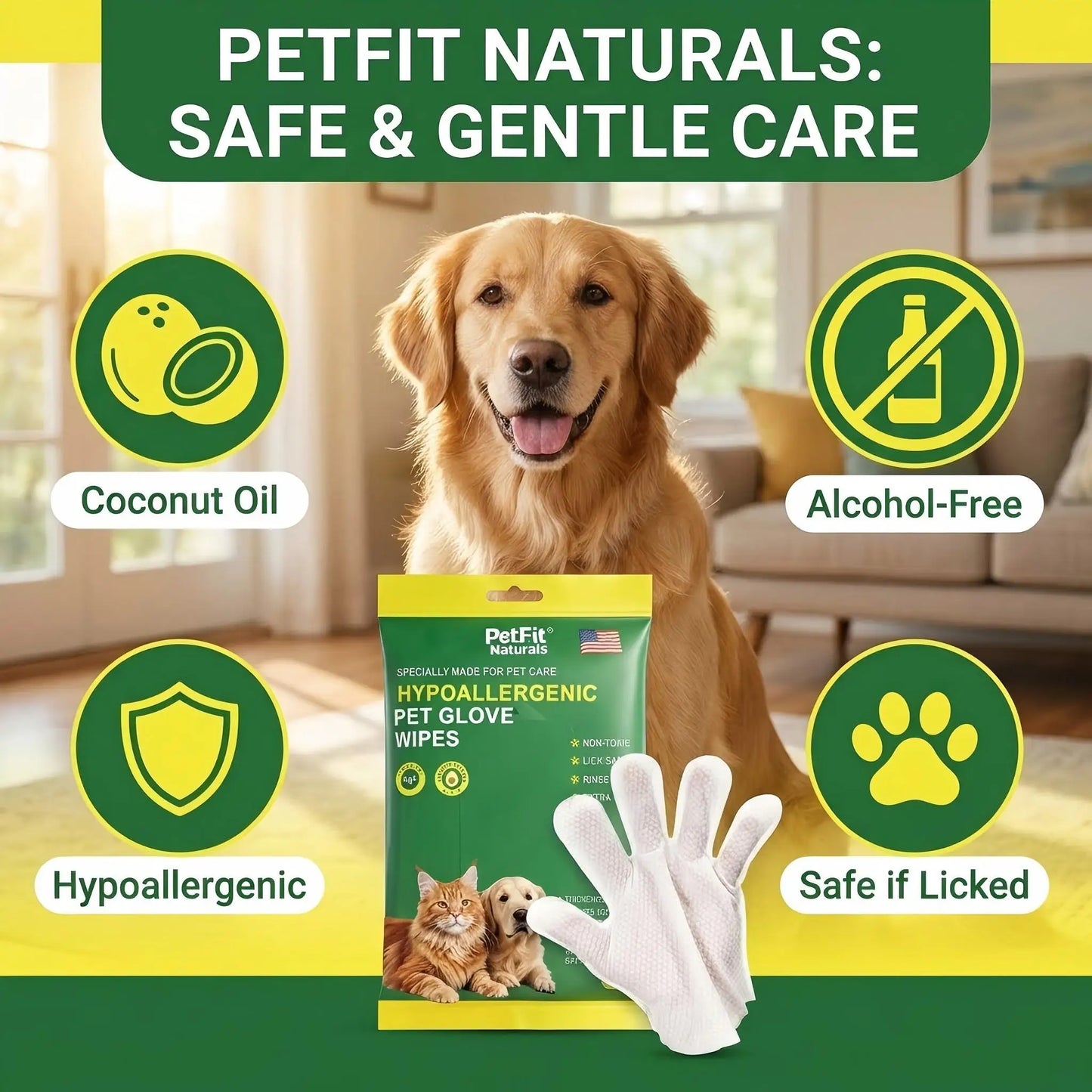 PetFit 6Pcs Hypoallergenic Pet Glove Wipes for Dogs Cats No Rinse Cat Grooming Cleaning Wipes Dog Bath Body Deodorizing Wipes