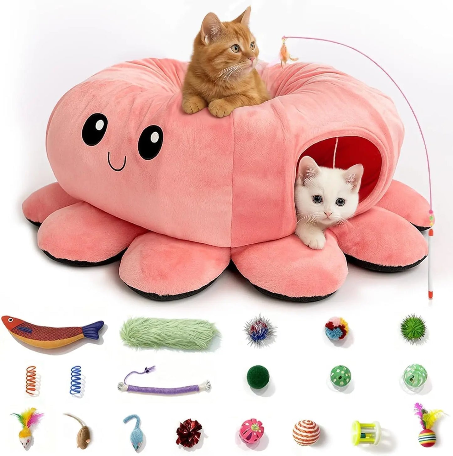 Octopus Cat Tunnel Bed with 20 Toys, Collapsible Play Tunnel for Indoor Cats, Kitten Toys