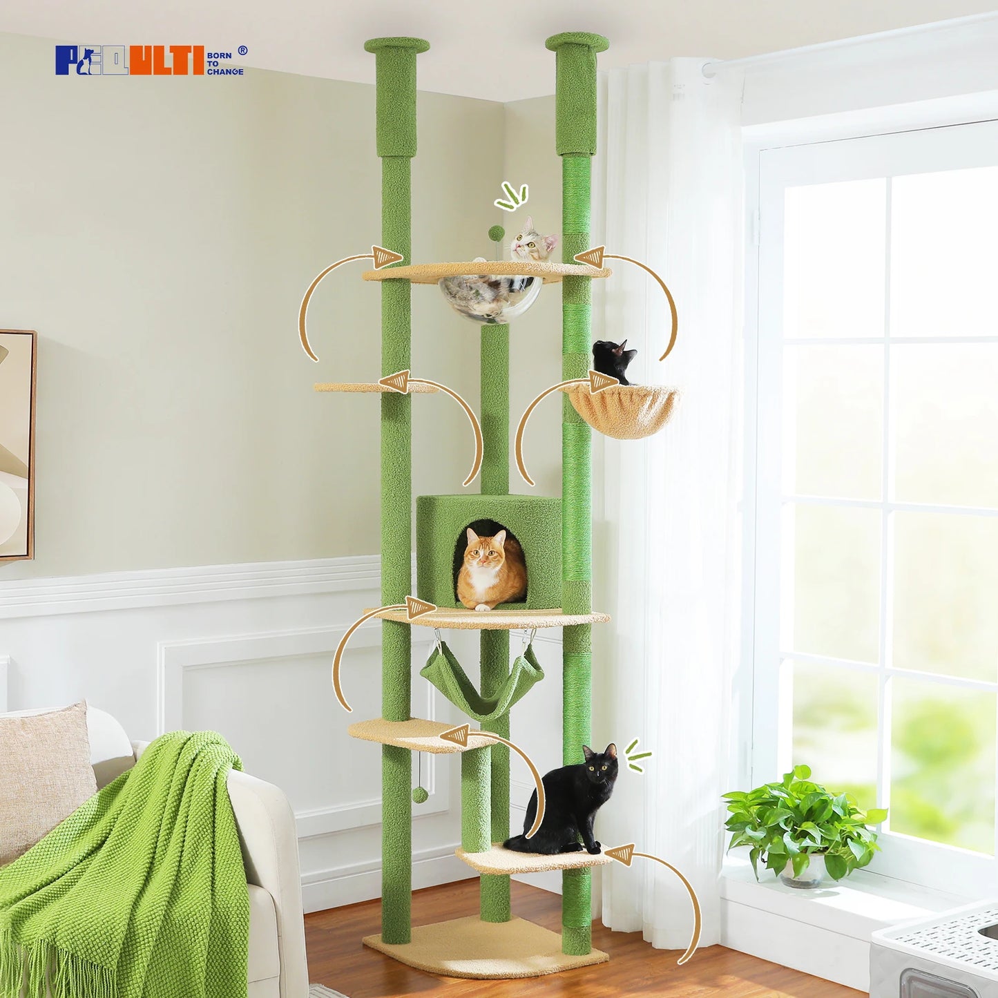 Tall Floor-to-Ceiling Cat Tree with Scratching Posts & Hammock