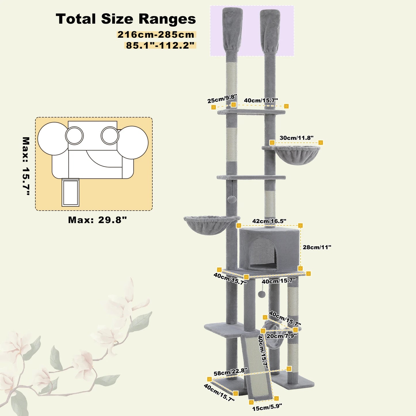 Floor-to-Ceiling Cat Tree with Hammock & Sisal Scratching Posts