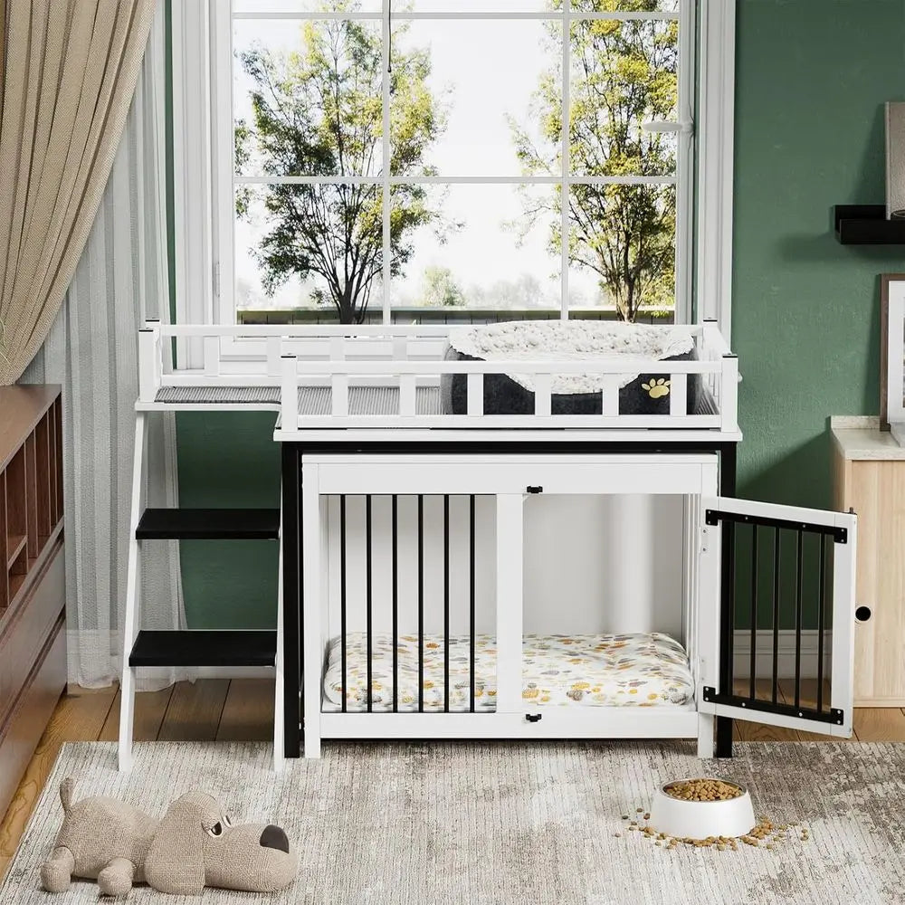 Pet Bunk Bed Stairs Storage, Window Perch for Dogs & Cats, Adjustable Blanket, Dog Bed for Small to Medium Breeds