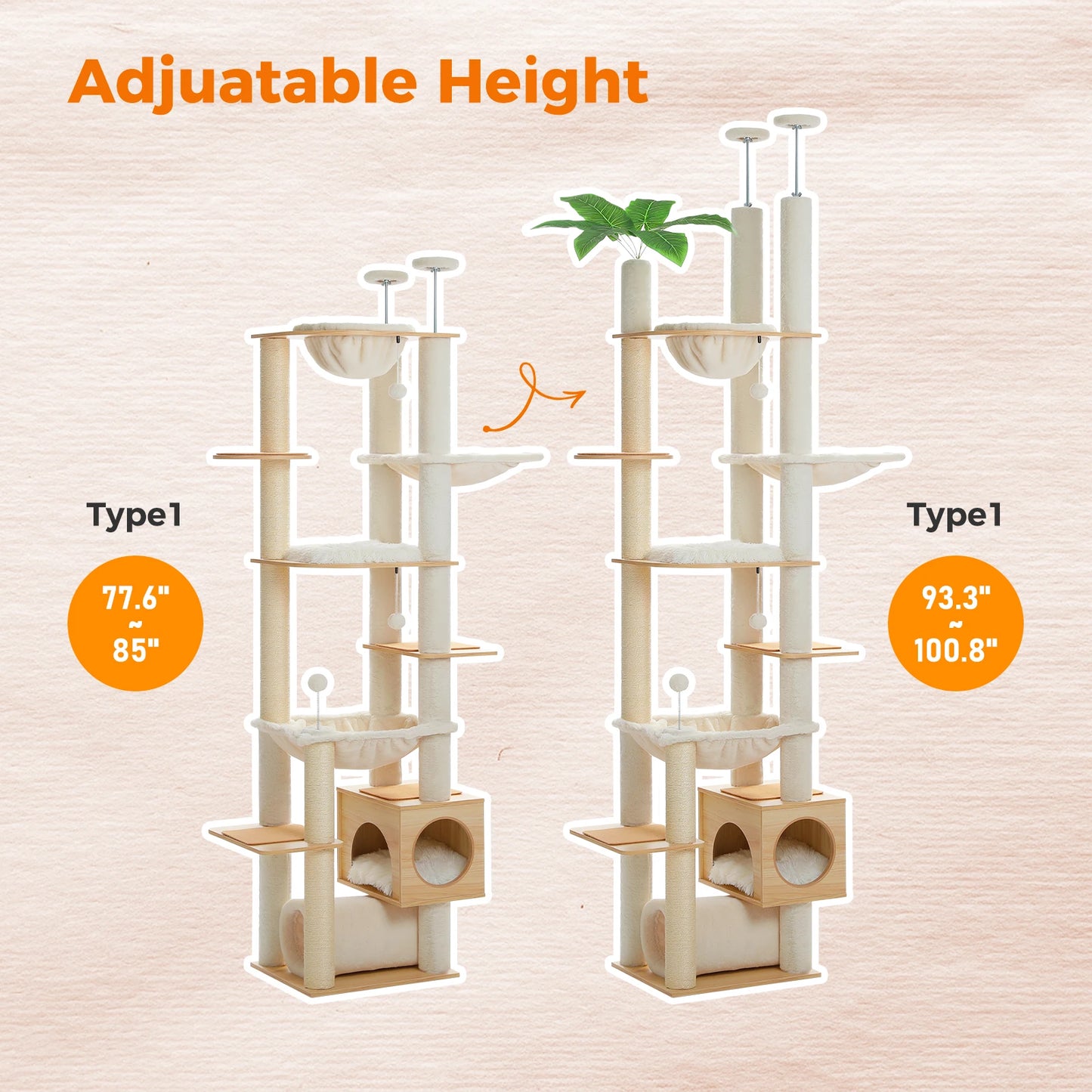 Height-Adjustable Wooden Cat Tree with Hammock & Sisal Posts