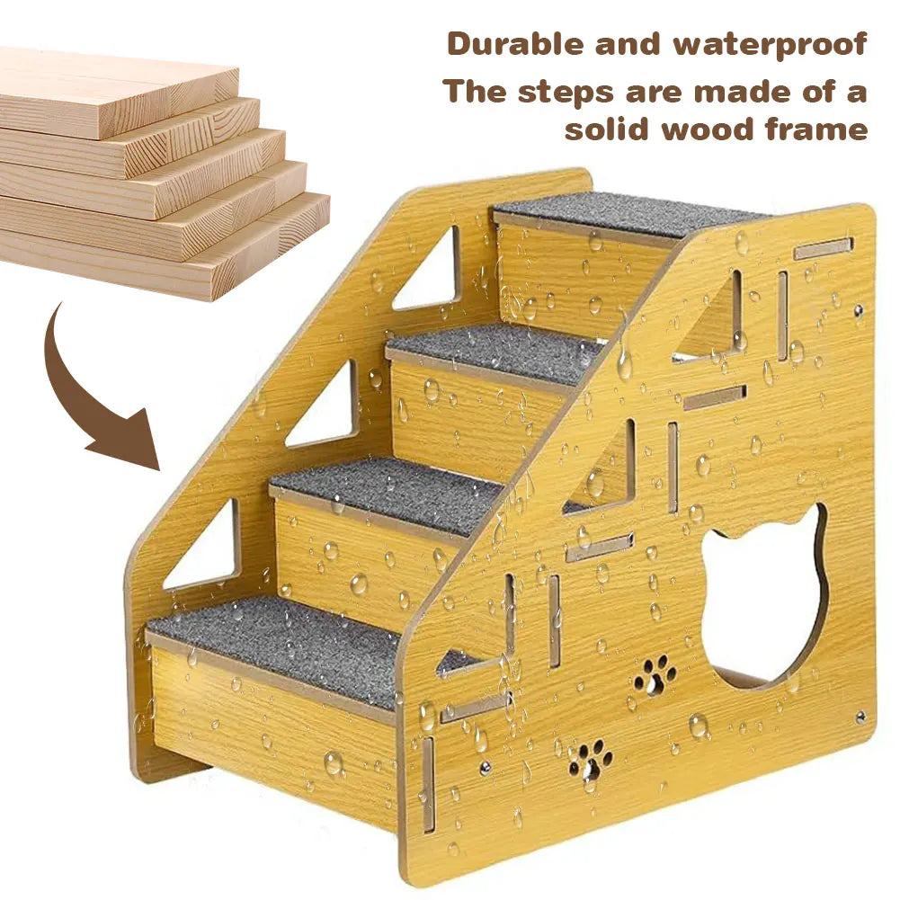 4-Step Wooden Pet Stairs Nonslip Carpeted Cat and Dog Steps Wooden Pet Ladder Pet Furniture for Dogs and Cats for Bed