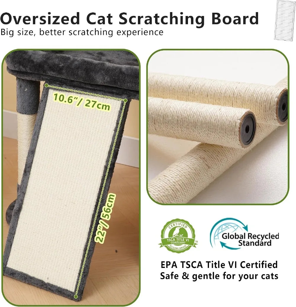 72.4" Anti-Tip Cat Tree for Large Cats, Spacious Perches, Sisal Scratching Board, Smoky Gray