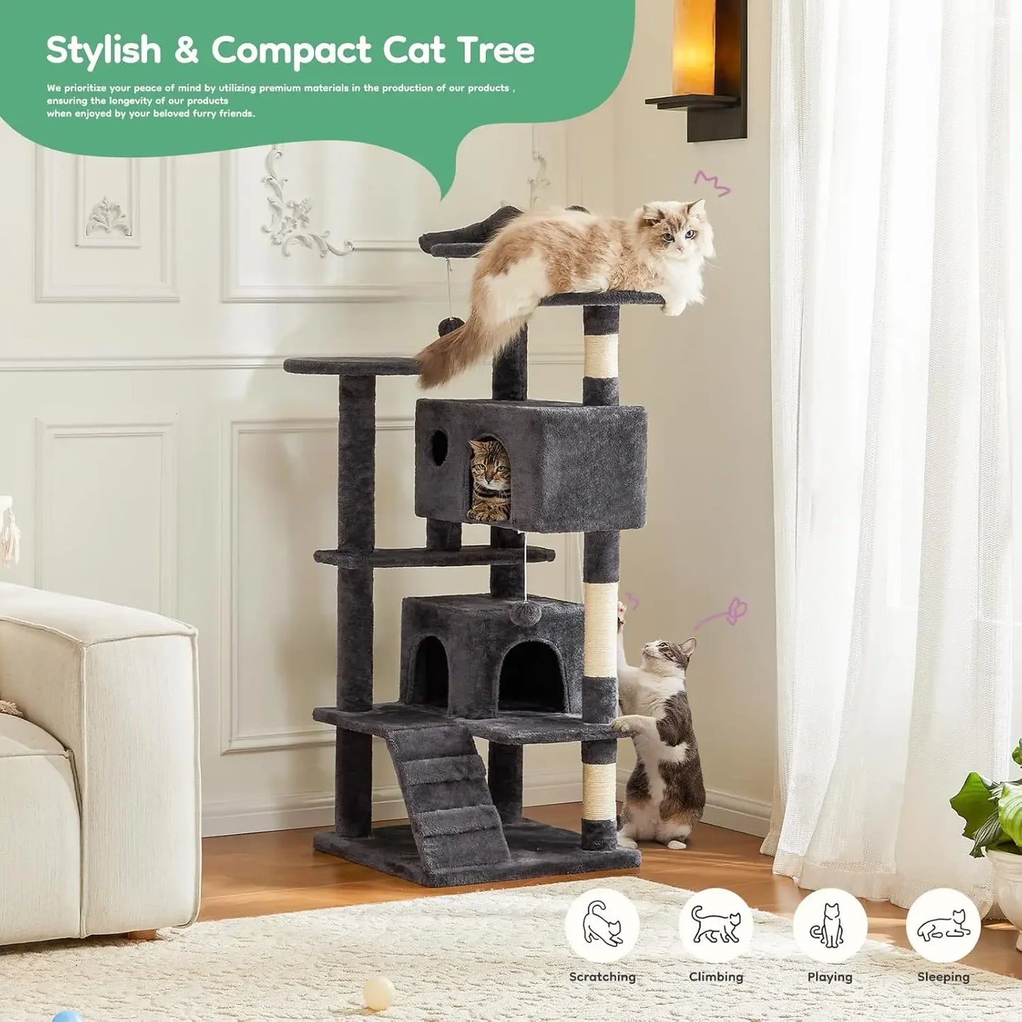 54-Inch Multi-Level Cat Tree for Large Cats with 2 Condos, Scratching Posts, Ladder, Toys, Dark Grey