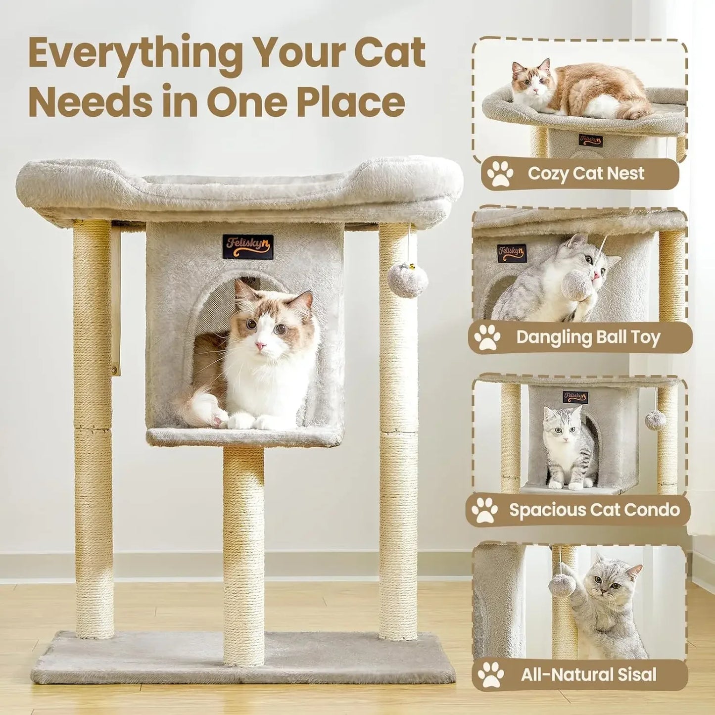 Cat Tree Tower Scratching Post for Indoor Large Cats, 28in with Perch Bed, Condo Cave, Toy Balls, Modern Climbing Furniture (Light Gray)