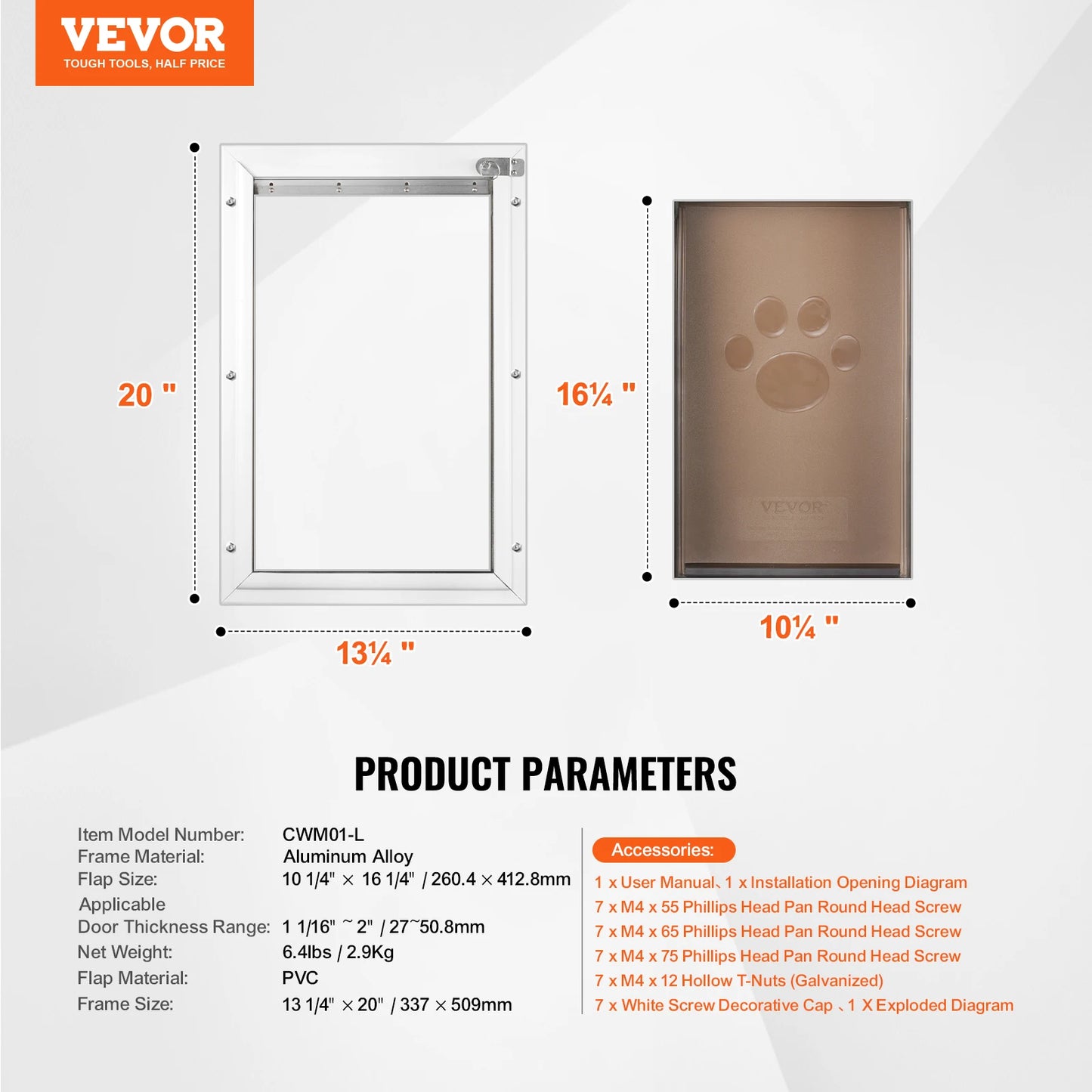 Aluminum Frame Weatherproof Dog Door with Lock & Flap System