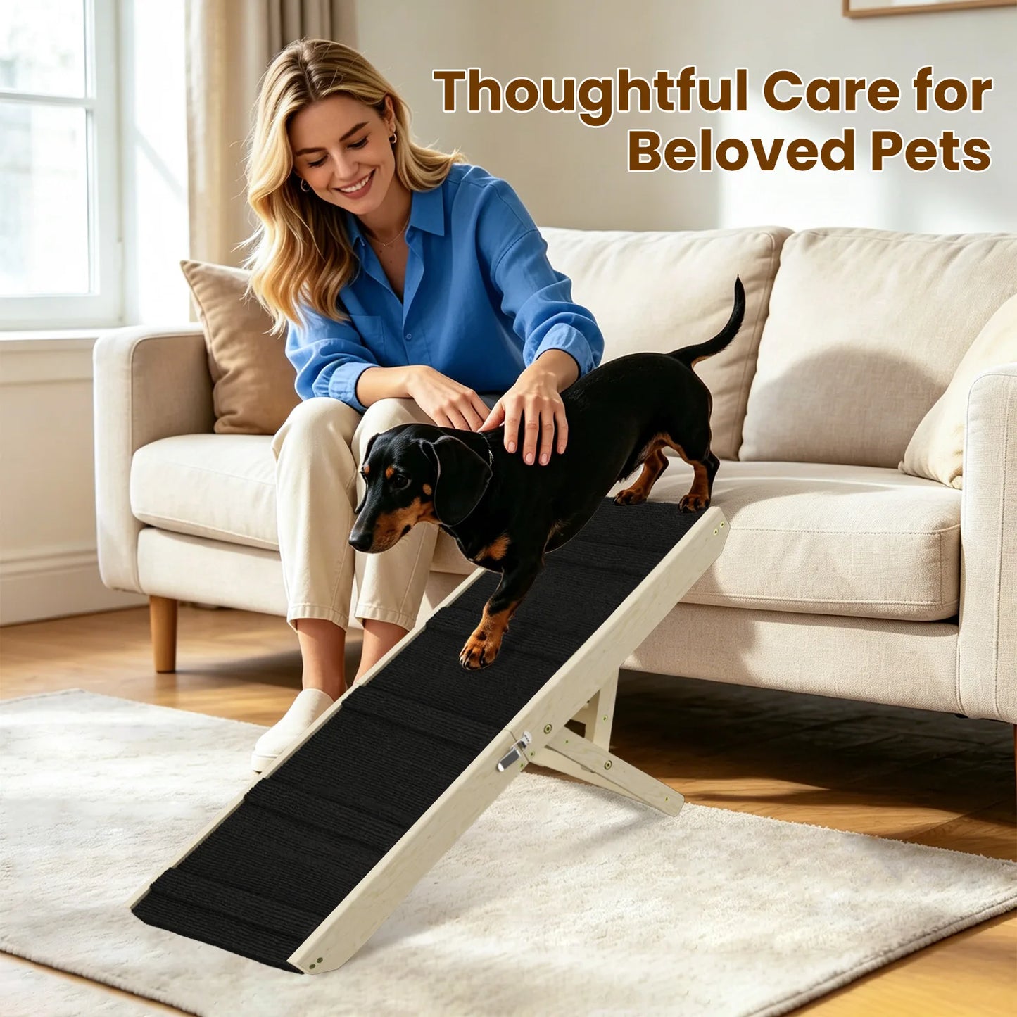 Wood Dog Ramp for Bed, 6-Level Adjustable Height (9" to 18.5") Pet Ramp with Non-Slip Surface for Couch, Bed and Car, Foldable Dog Stairs for Small Dogs, Senior Dogs & Injured Pets, Up to 33LBS