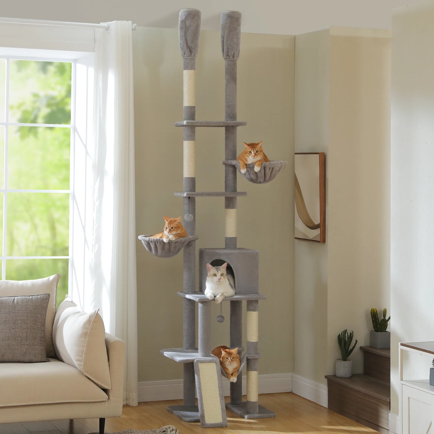 Floor-to-Ceiling Cat Tree with Hammock & Sisal Scratching Posts - front view