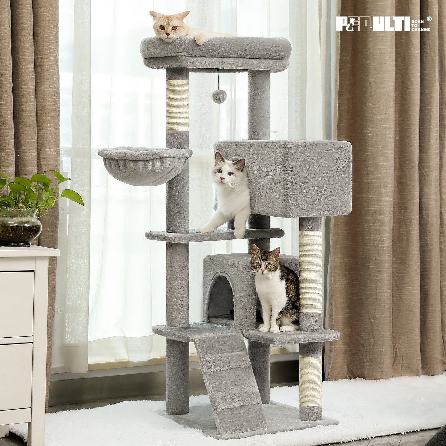 Cat Tree Tower with Condo, Plush Perch, Hammock & Sisal Posts