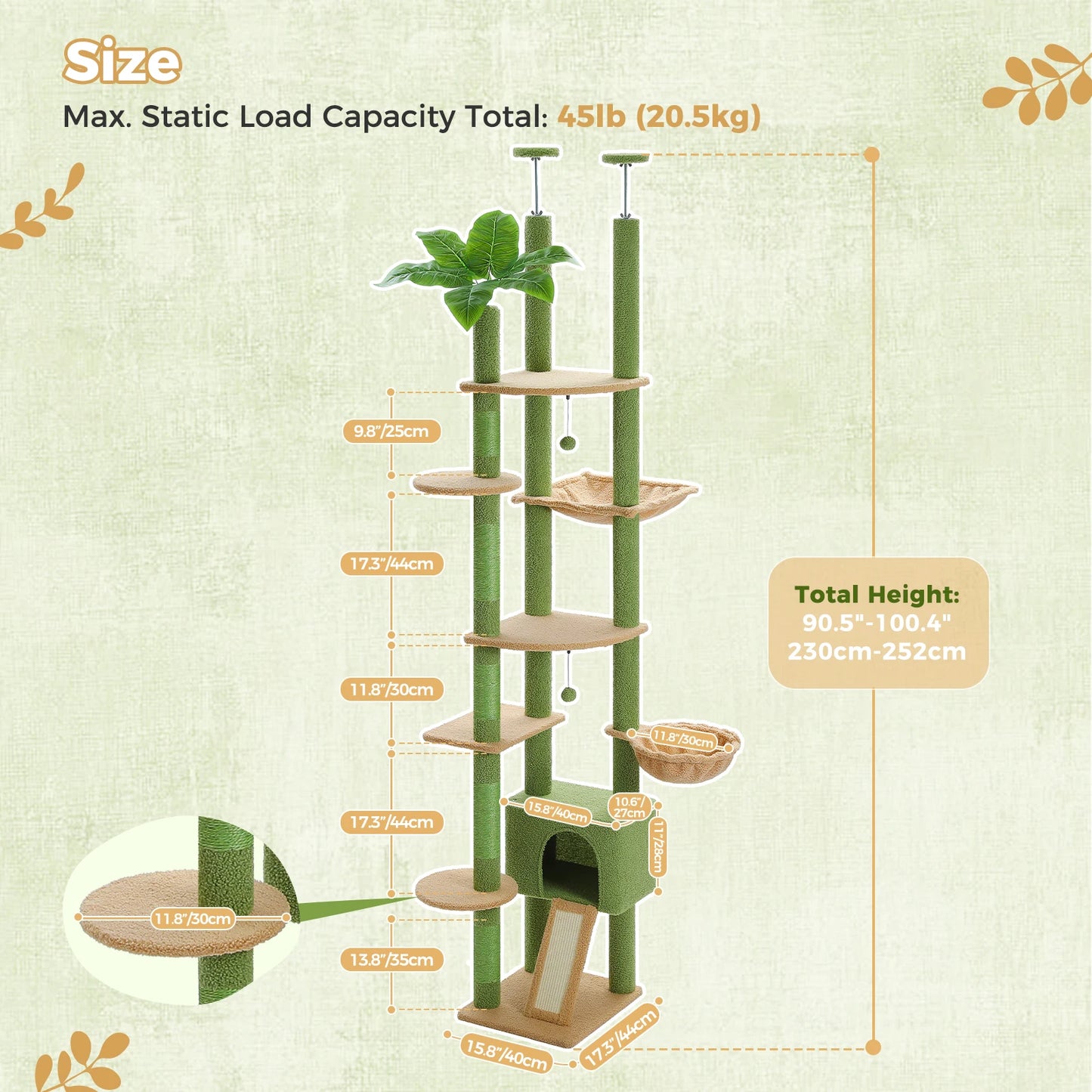 Floor-to-Ceiling Cat Tree with Hammock & Sisal Scratching Posts