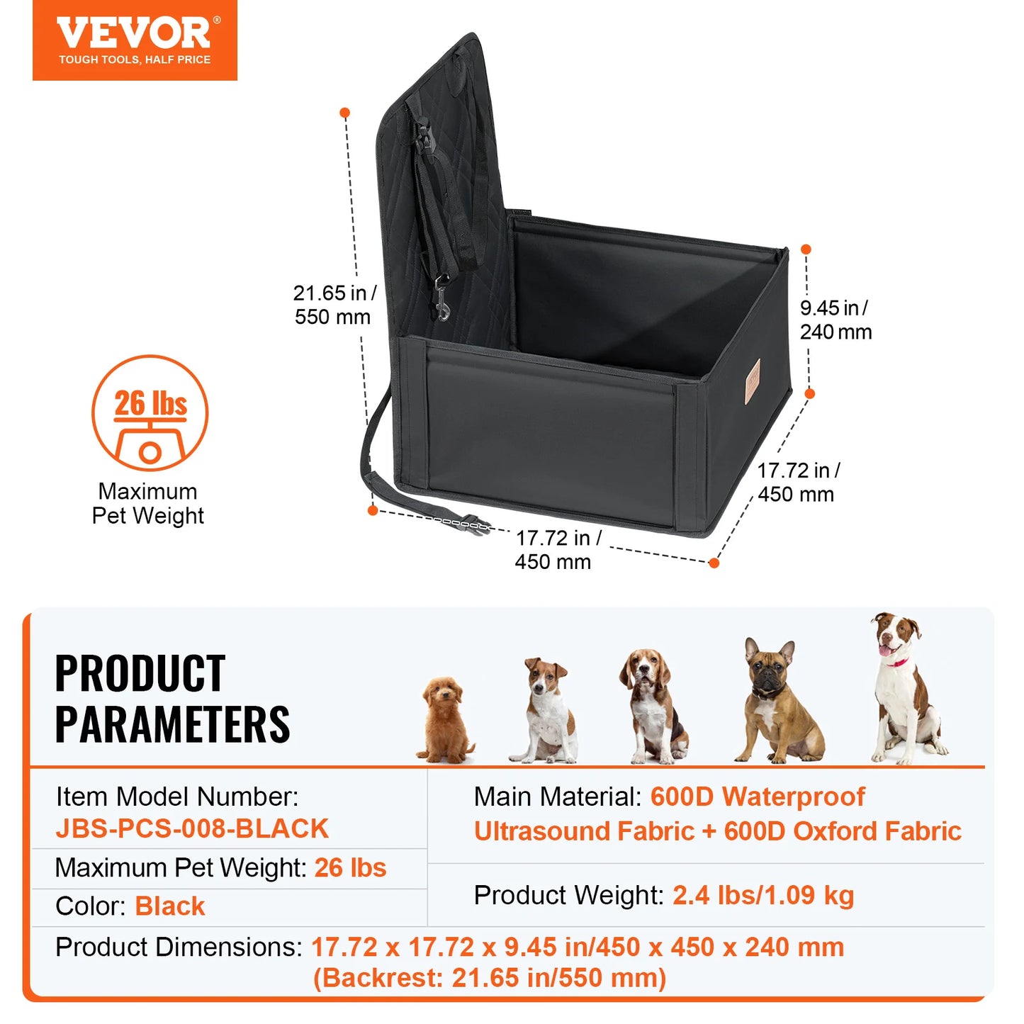 Waterproof Dog Car Booster Seat with Safety Leash