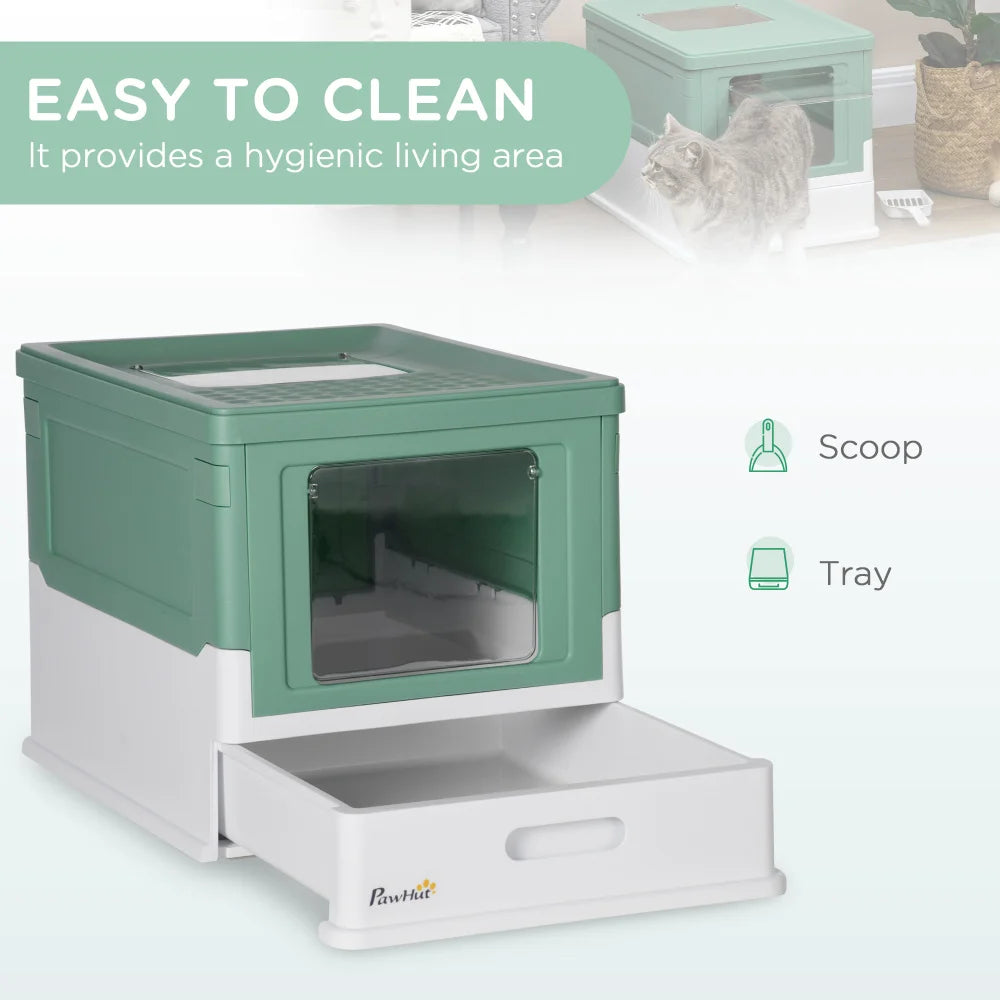 PawHut Fully Enclosed Cat Litter Box with Scoop, Hooded House with Drawer Tray, Foldable Smell - Proof Potty, Front Entry, Top Exit, Portable Pet Toilet, Large Space, Green