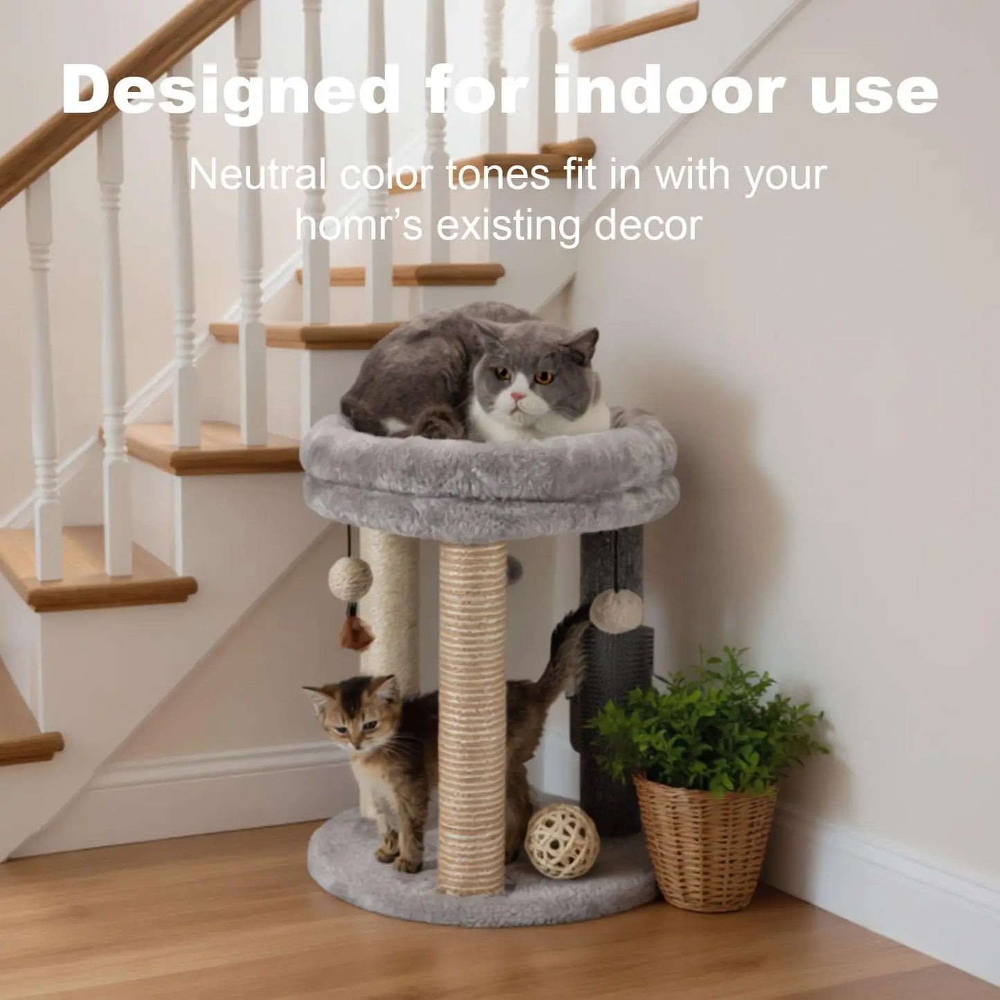 4in1 Cat Tree with Scratching Posts, Soft Bed, Hanging Toys & Massage Brush for Indoor Cats