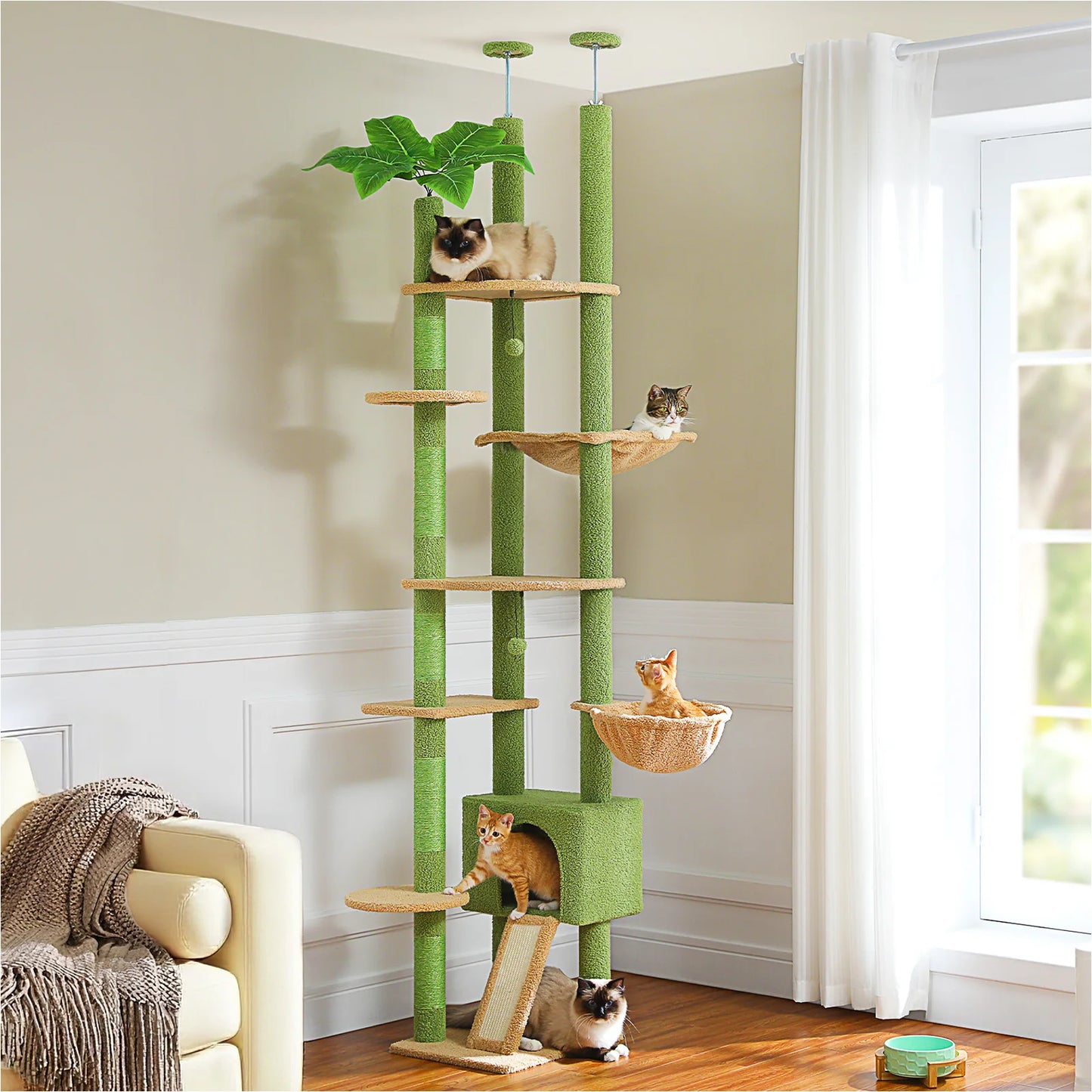 Height-Adjustable Wooden Cat Tree with Hammock & Sisal Posts