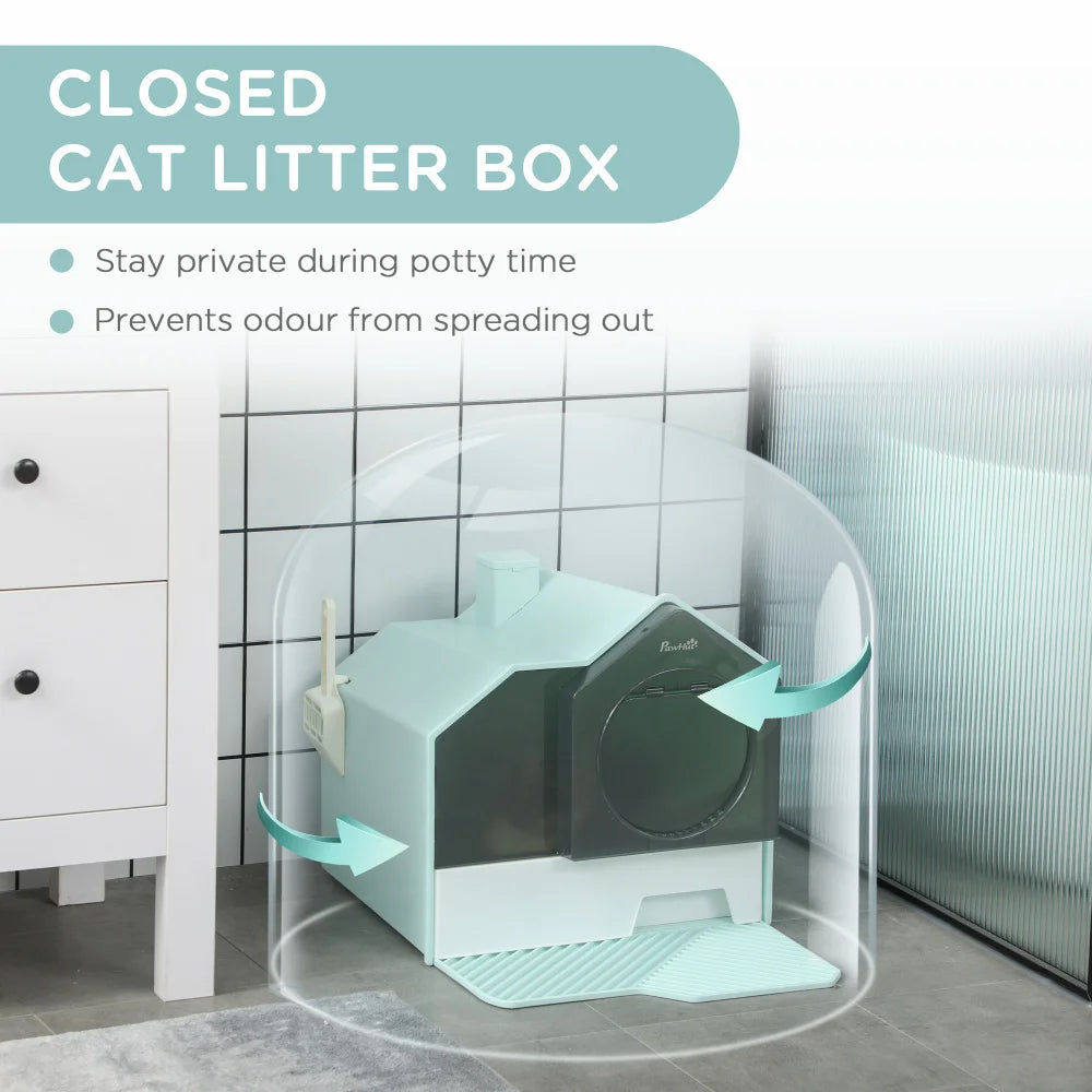 PawHut Hooded Cat Litter Box with Kitty Litter Mat, Odor Control, Easy-Clean Pull-Out Drawer, Handle, Scoop, Light Blue