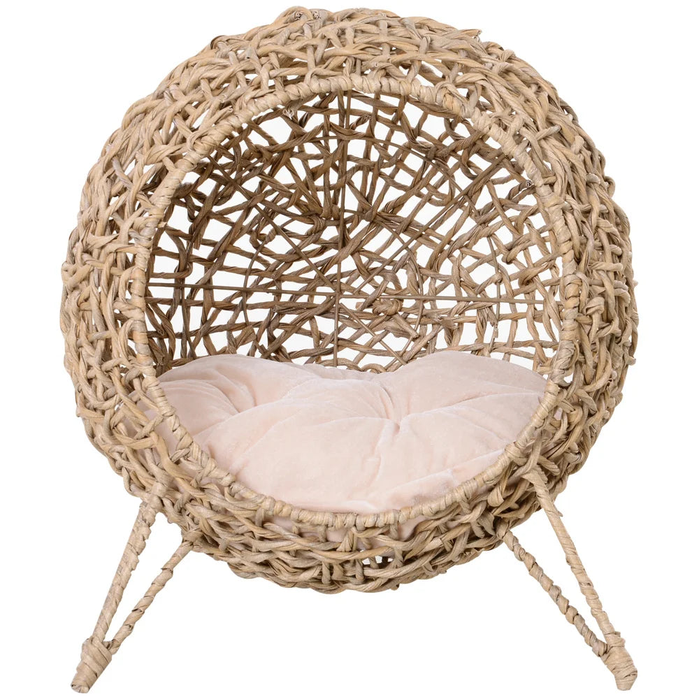 PawHut 20.5" Weaved Cat Bed: Elevated Hand-woven Braided Banana Leaf Kitten House Condo with Cushion, Beige