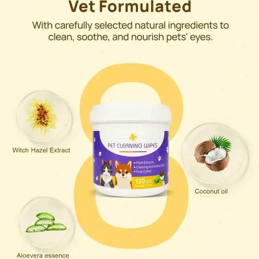 120 Gentle Pet Wipes: Natural & Soothing Eye, Face & Mouth Cleaning for Dogs & Cats - Tear Stain Remover, Ear & Tooth Finger Wipes, Pet Grooming Supplies