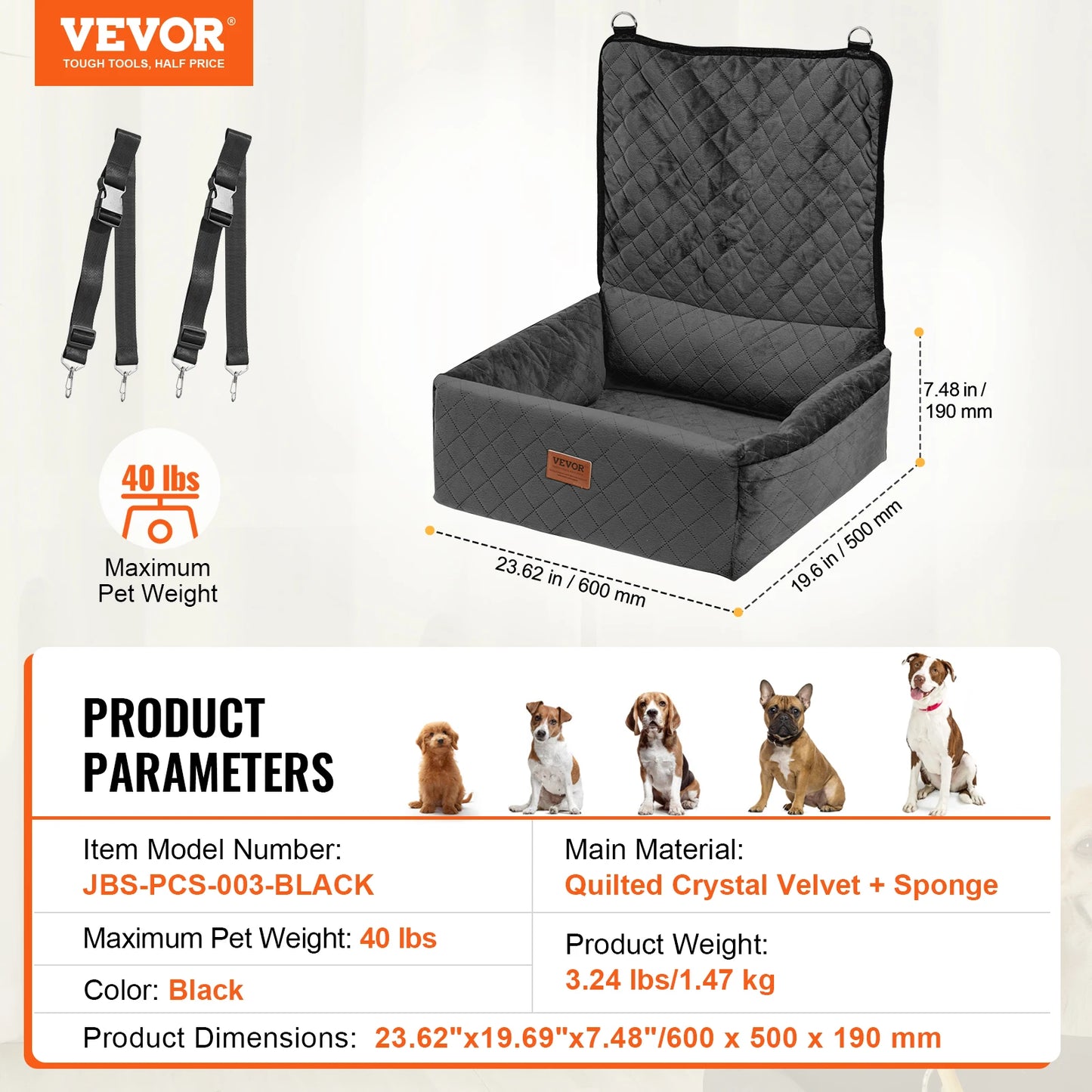 Waterproof Dog Car Booster Seat with Safety Leash