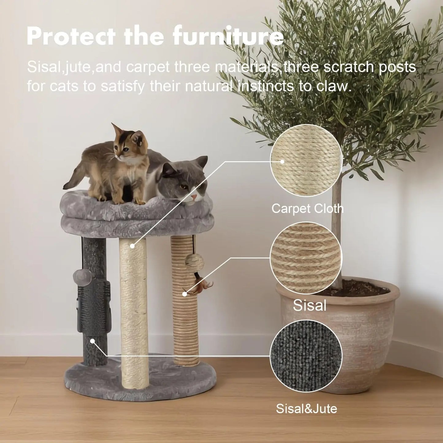 4in1 Cat Tree with Scratching Posts, Soft Bed, Hanging Toys & Massage Brush for Indoor Cats