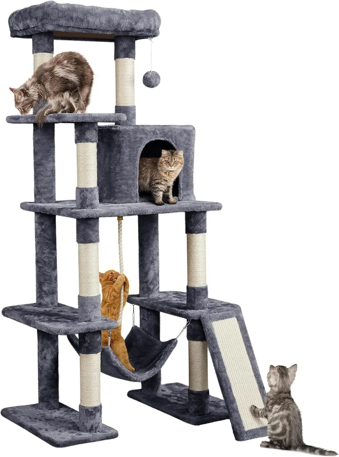 63-Inch Multi-Level Cat Tree with Scratching Posts, Hammock & Condo for Play and Sleep
