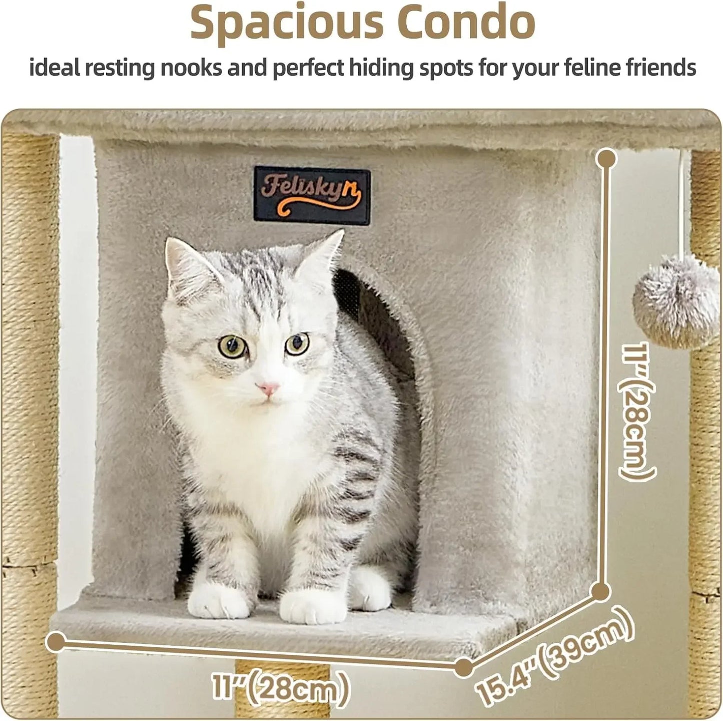 Cat Tree Tower Scratching Post for Indoor Large Cats, 28in with Perch Bed, Condo Cave, Toy Balls, Modern Climbing Furniture (Light Gray)