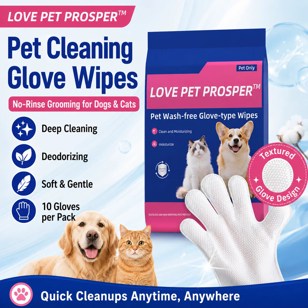 Pet Cleaning Glove Wipes for Dogs & Cats, No-Rinse Grooming Wipes Gloves, Disposable Textured Pet Bath Wipes for Paws, Coat, Dander & Odor Control, Soft Moisturizing Deodorizing Pet Wipes, 10 Count