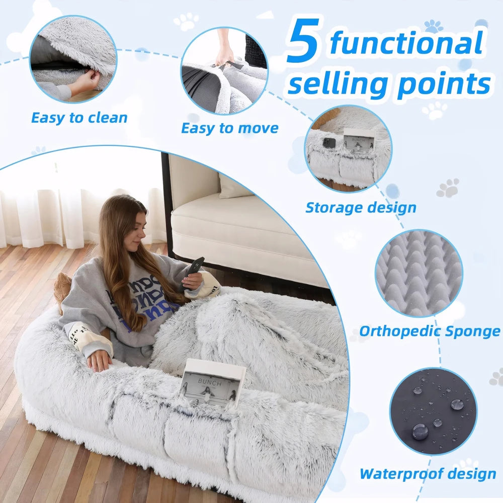Ye Human Dog Bed, Washable Faux Fur, Orthopedic for Dozing & Napping, 71''x45''x14'' Fits You & Pets (Grey), Blankets & Pillows Not Included