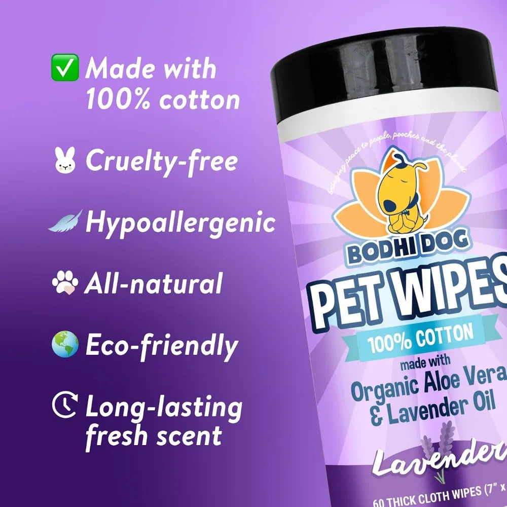 Pet Wipes for Dogs & Cats - Grooming, Cleaning & Deodorizing - No Parabens or SLS - Large Thick Wet Wipes - Lavender Scent (60 Count)