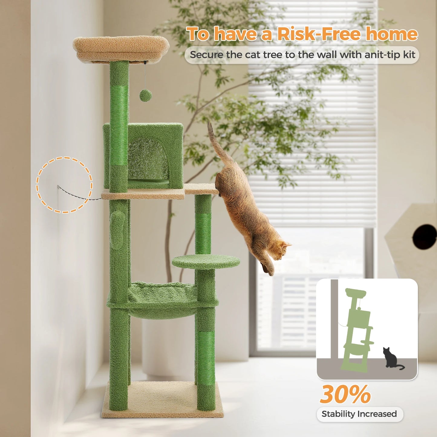 Cactus Cat Tree Tower with Plush Hammock & 2-Door Condo