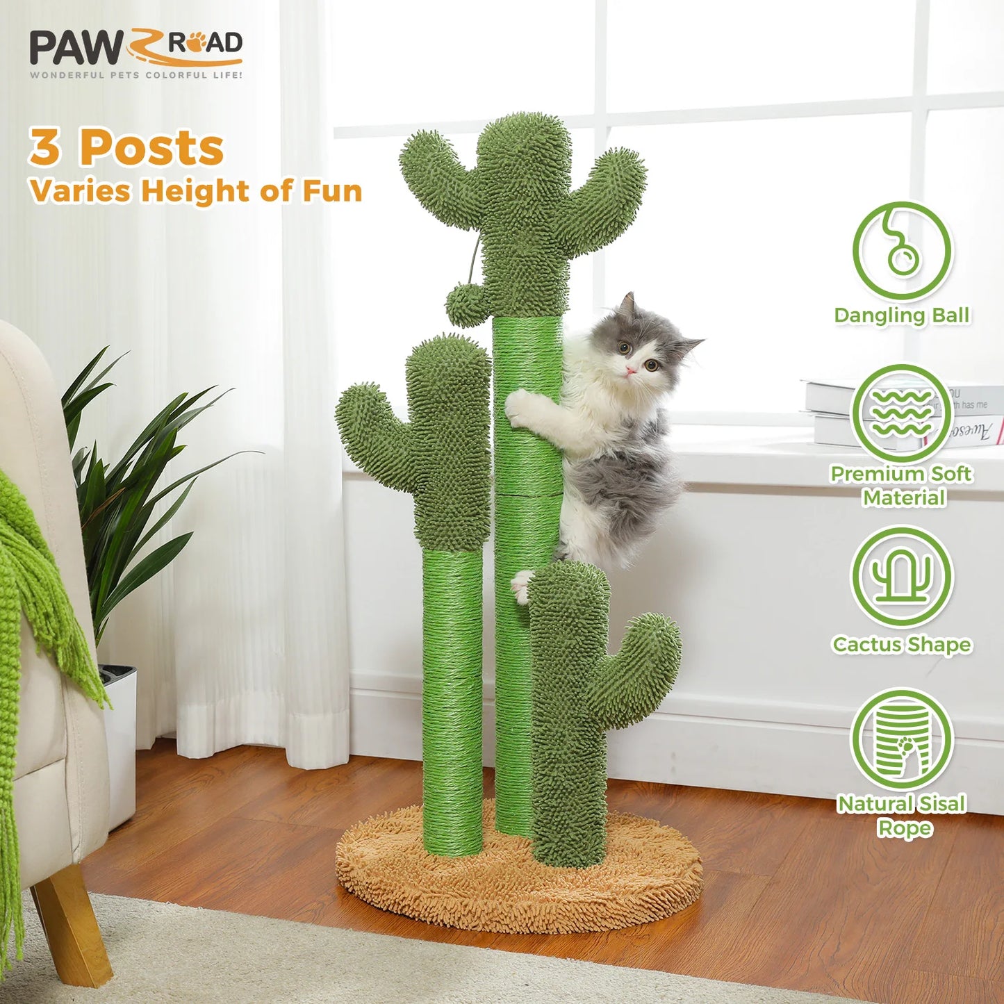 Cactus Cat Scratching Post with 3 Sisal Poles & Dangling Ball