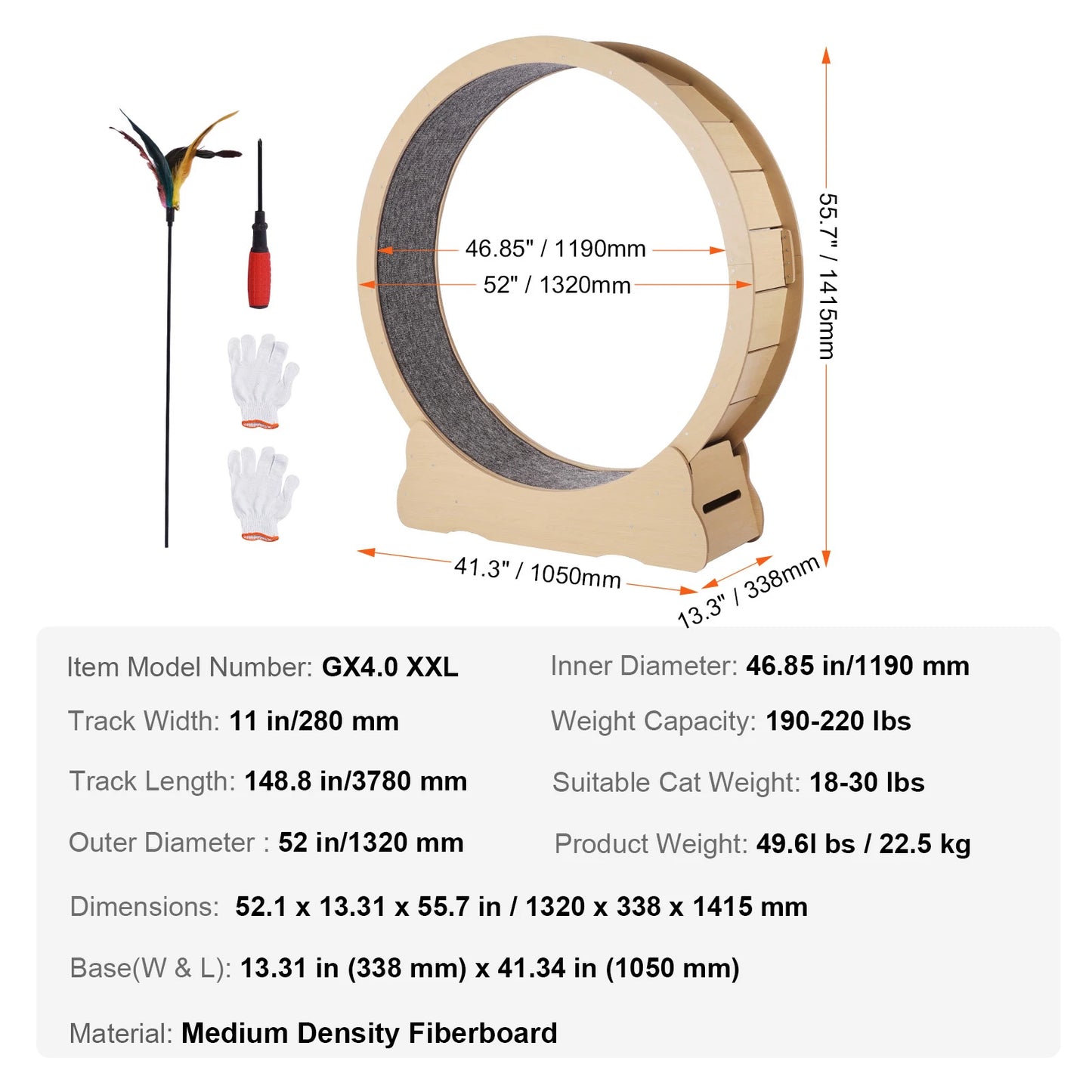Large Wooden Cat Exercise Wheel with Detachable Carpet & Teaser