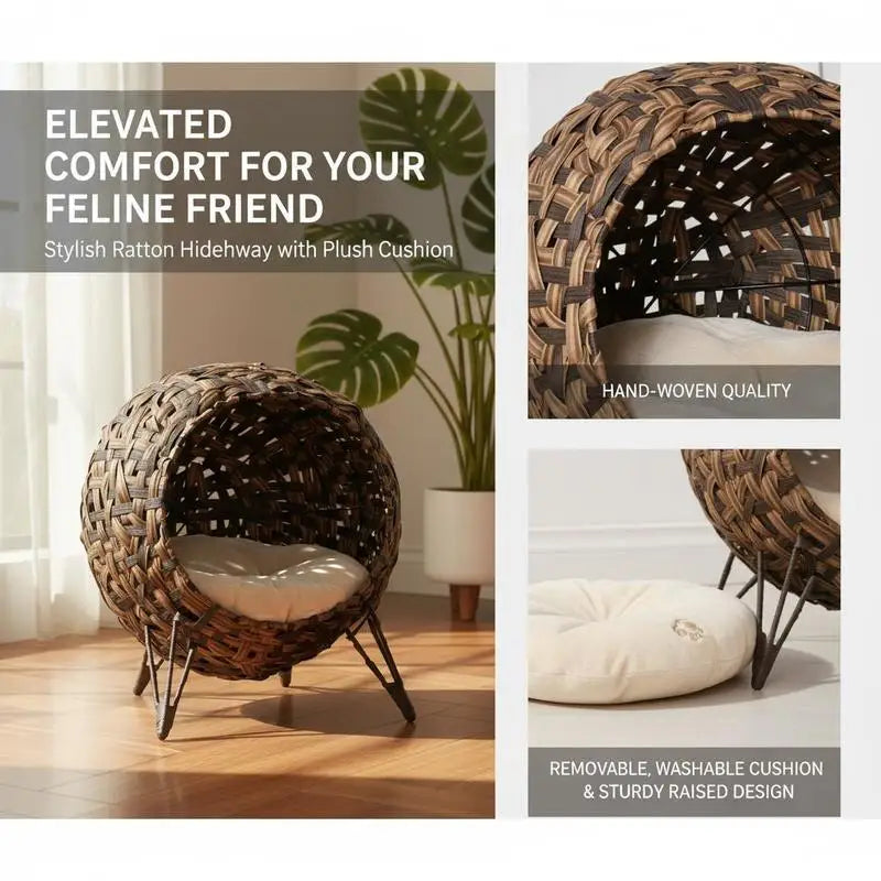 Rattan Cat House with Cushion Cat Sleeping Place Cat Cave with Raised Feet Brown Ø52 X 58 cm