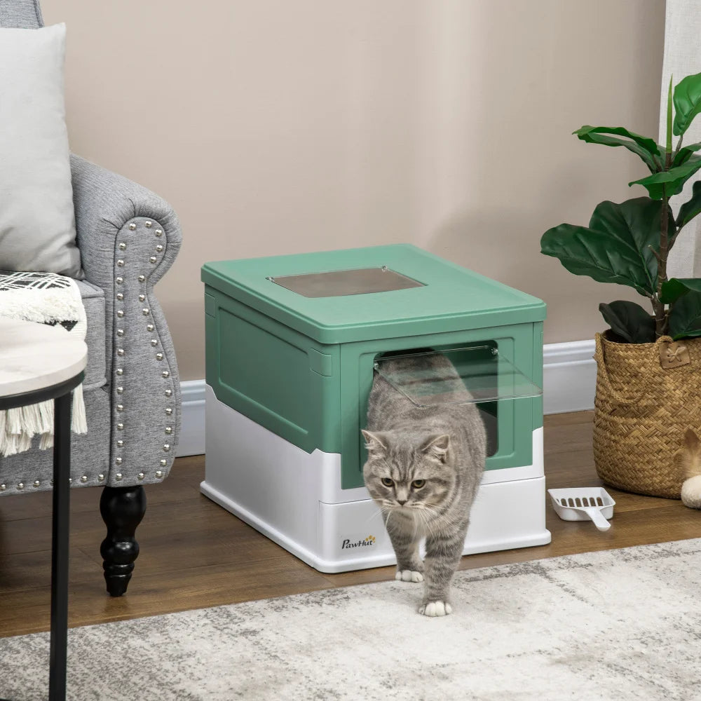 PawHut Fully Enclosed Cat Litter Box with Scoop, Hooded House with Drawer Tray, Foldable Smell - Proof Potty, Front Entry, Top Exit, Portable Pet Toilet, Large Space, Green