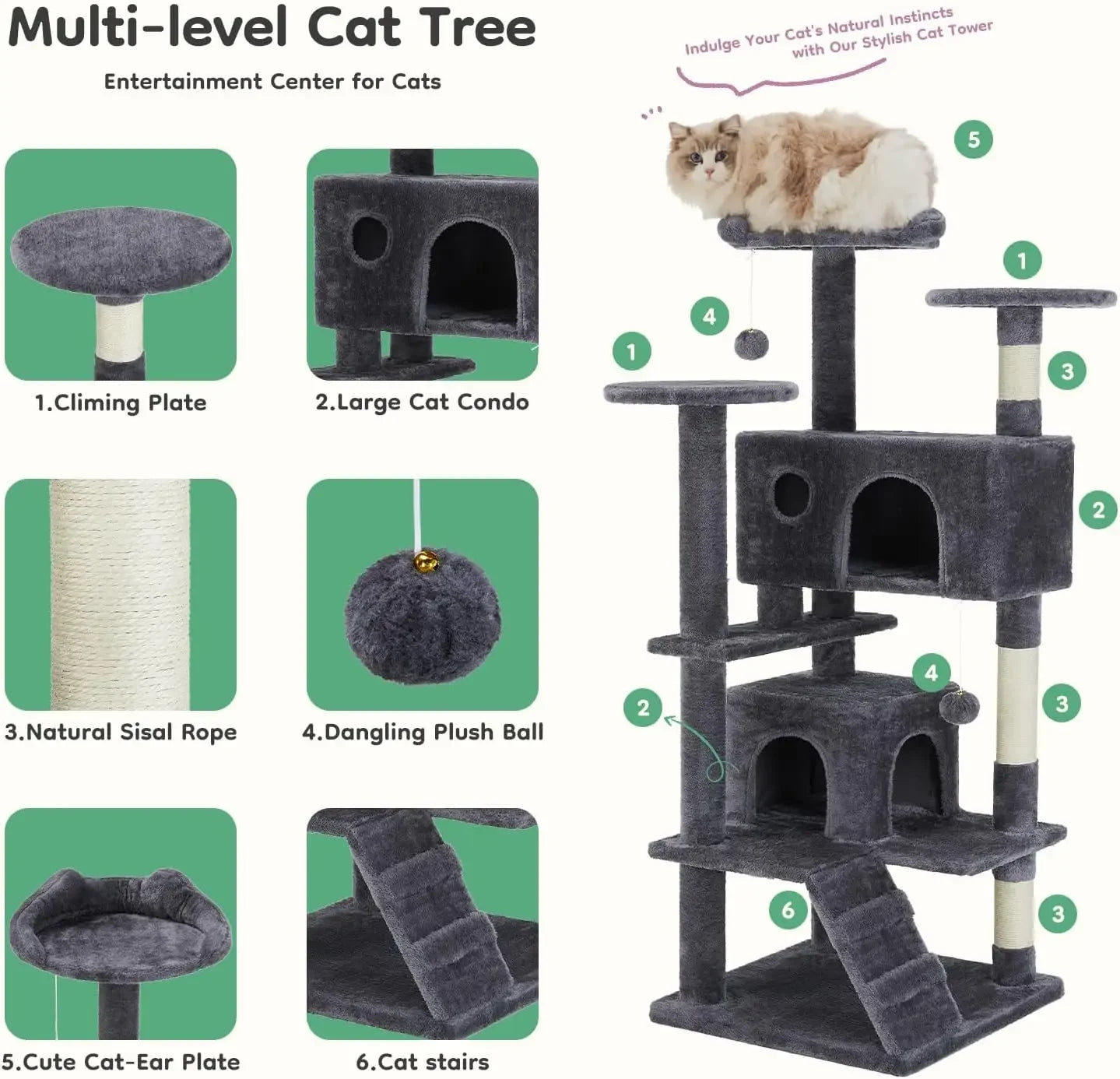 54-Inch Multi-Level Cat Tree for Large Cats with 2 Condos, Scratching Posts, Ladder, Toys, Dark Grey