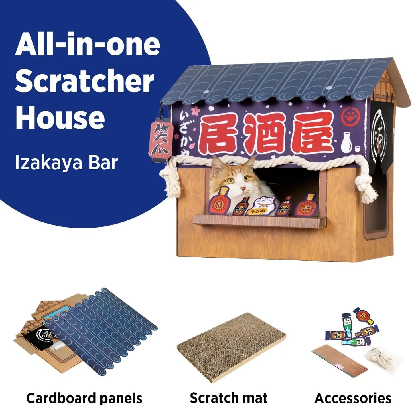 Cat Bed Cardboard House with Scratcher, Izakaya Bar Style, Large Sturdy Indoor Cat Furniture Tent, Easy Assembly Pet Toys