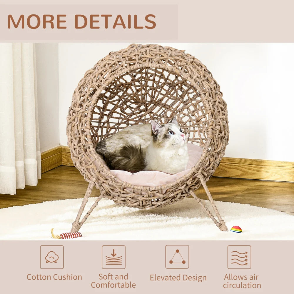 PawHut 20.5" Weaved Cat Bed: Elevated Hand-woven Braided Banana Leaf Kitten House Condo with Cushion, Beige