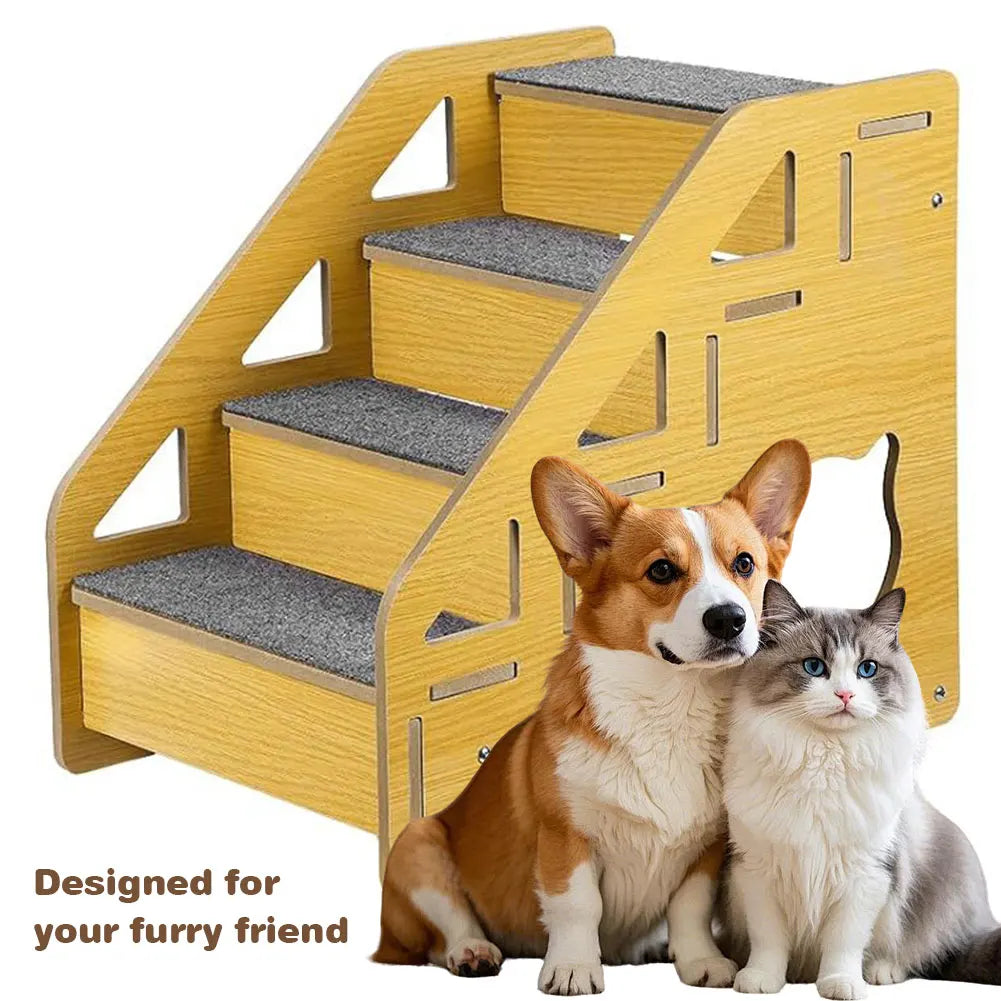 4-Step Wooden Pet Stairs Nonslip Carpeted Cat and Dog Steps Wooden Pet Ladder Pet Furniture for Dogs and Cats for Bed