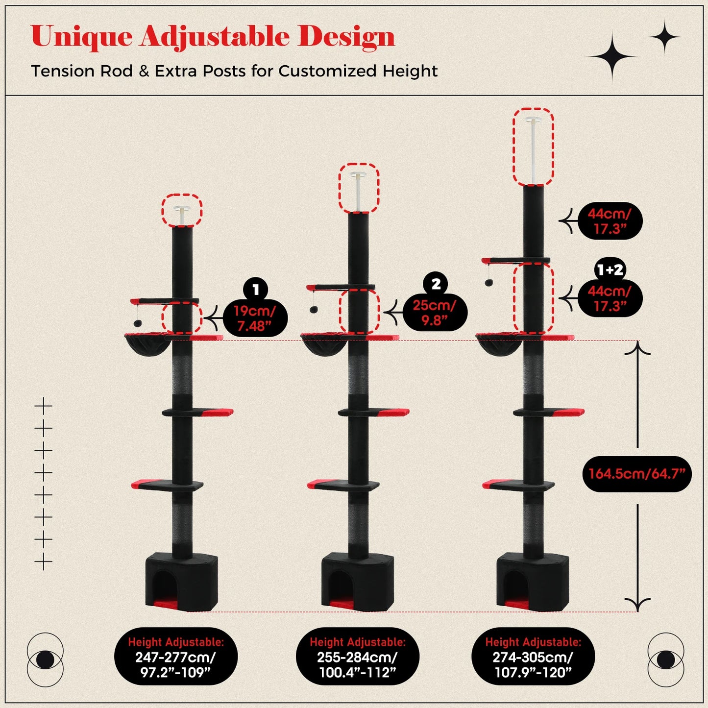Adjustable Floor-to-Ceiling Cat Tree Tower with Condo & Hammock