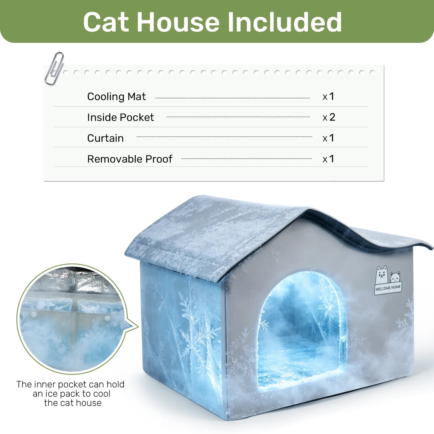 Foldable Pet Ice Igloo with Cooling Mat, Oxford Cloth Heat Insulated Design for Indoor & Outdoor All-Season Use, Built-in Pocket for Ice Packs, Suitable for Small to Medium Dogs & Cats, Windproof Cat Bed, Bite Resistant & Eas