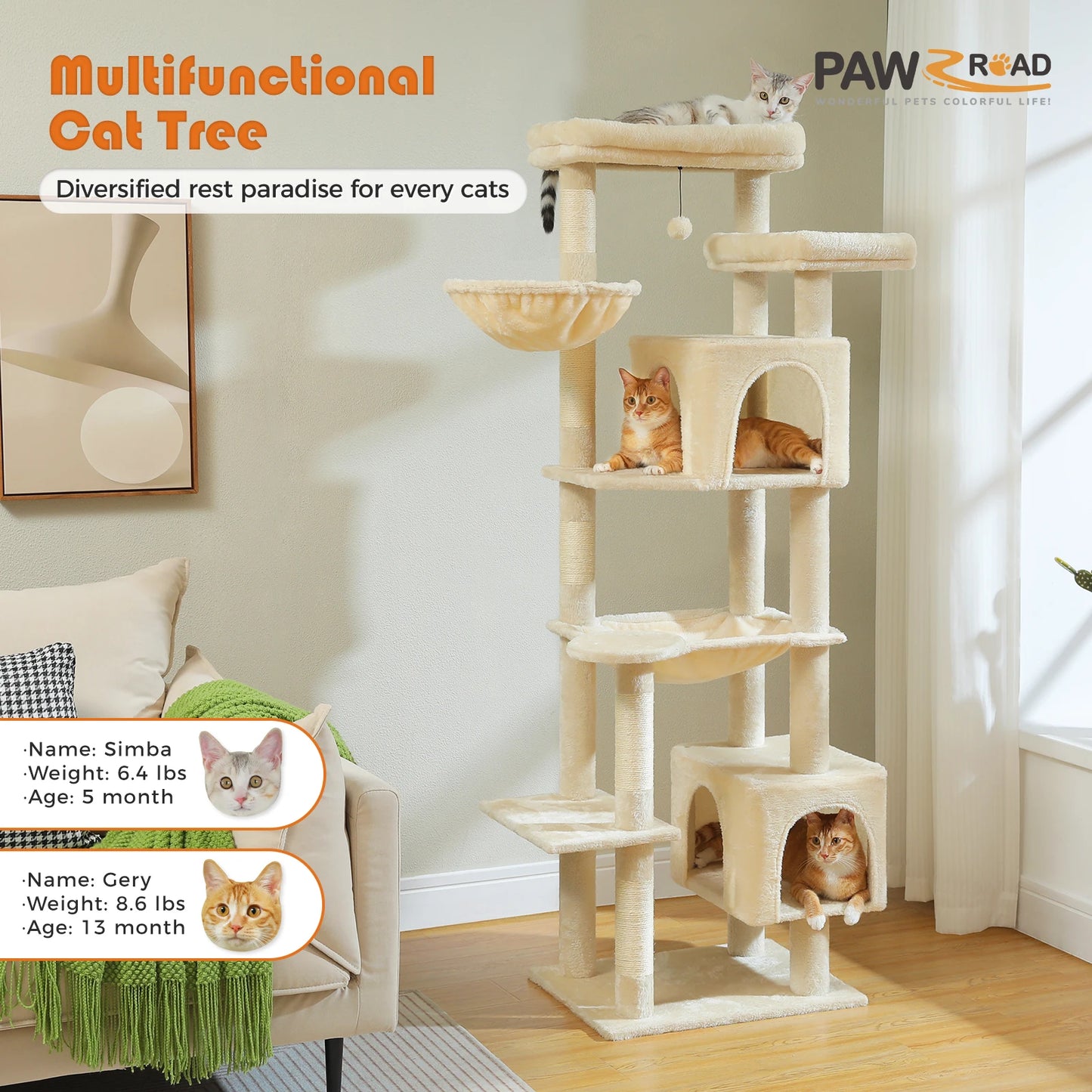 Tall Cat Tree Tower with Large Hammock, Condo & Scratching Posts
