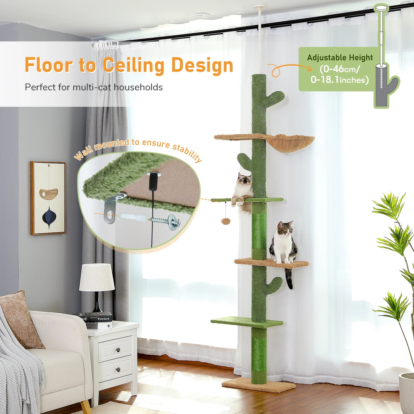 5-Tier Cactus Cat Tower with Scratching Posts & Hammock