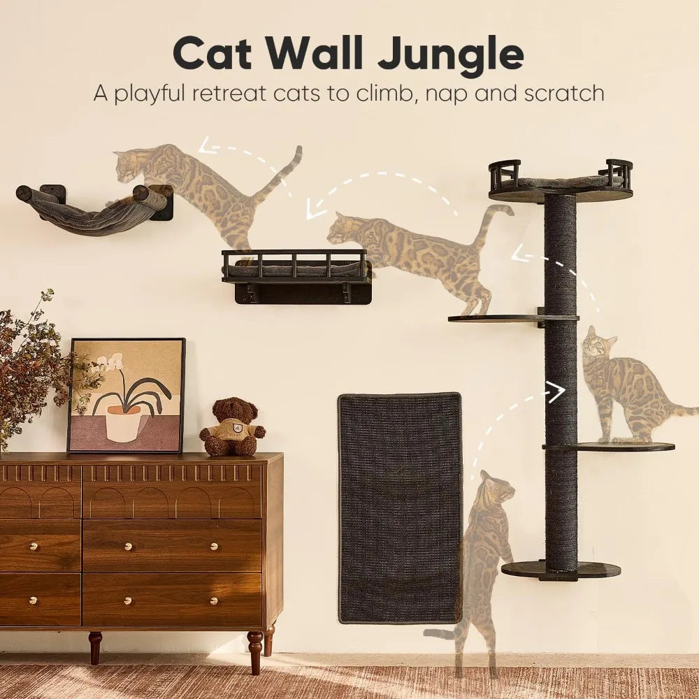 4 in 1 Cat Wall Shelves: Hammock, Bed, Perch & Scratching Mat, Wooden Wall-Mounted Furniture Set (Black)