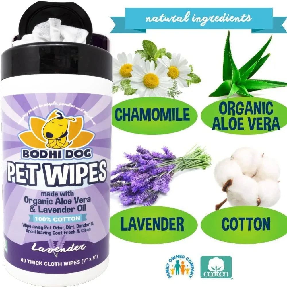 Pet Wipes for Dogs & Cats - Grooming, Cleaning & Deodorizing - No Parabens or SLS - Large Thick Wet Wipes - Lavender Scent (60 Count)