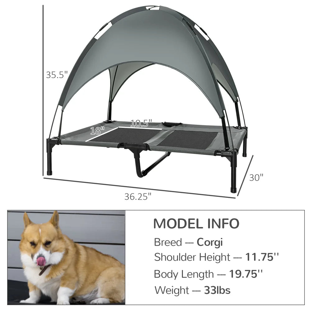 PawHut 36-inch Gray Elevated Portable Dog Cot Pet Bed with UV Protection Canopy Shade