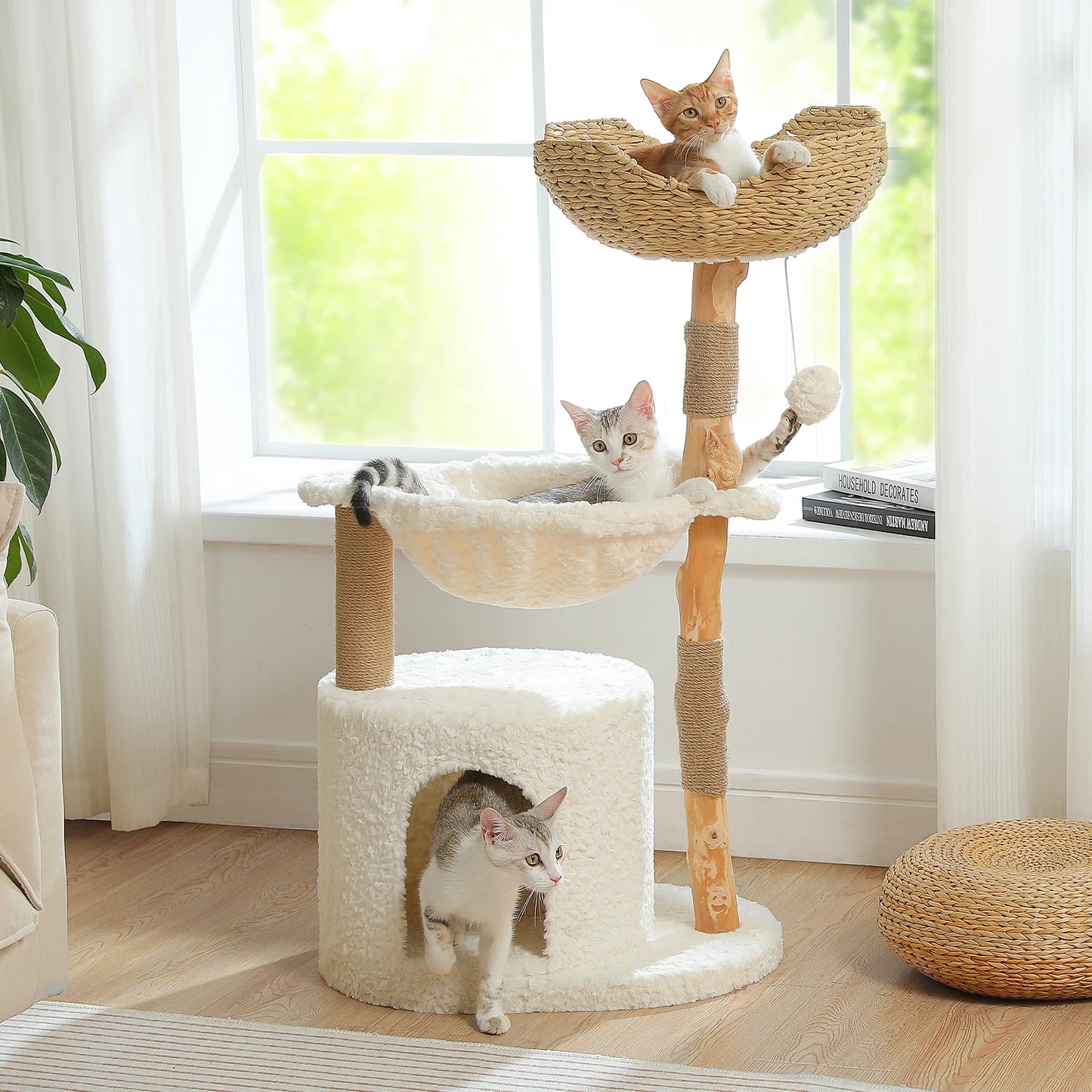 Modern Solid Wood Cat Tree with Wicker Basket & Condo