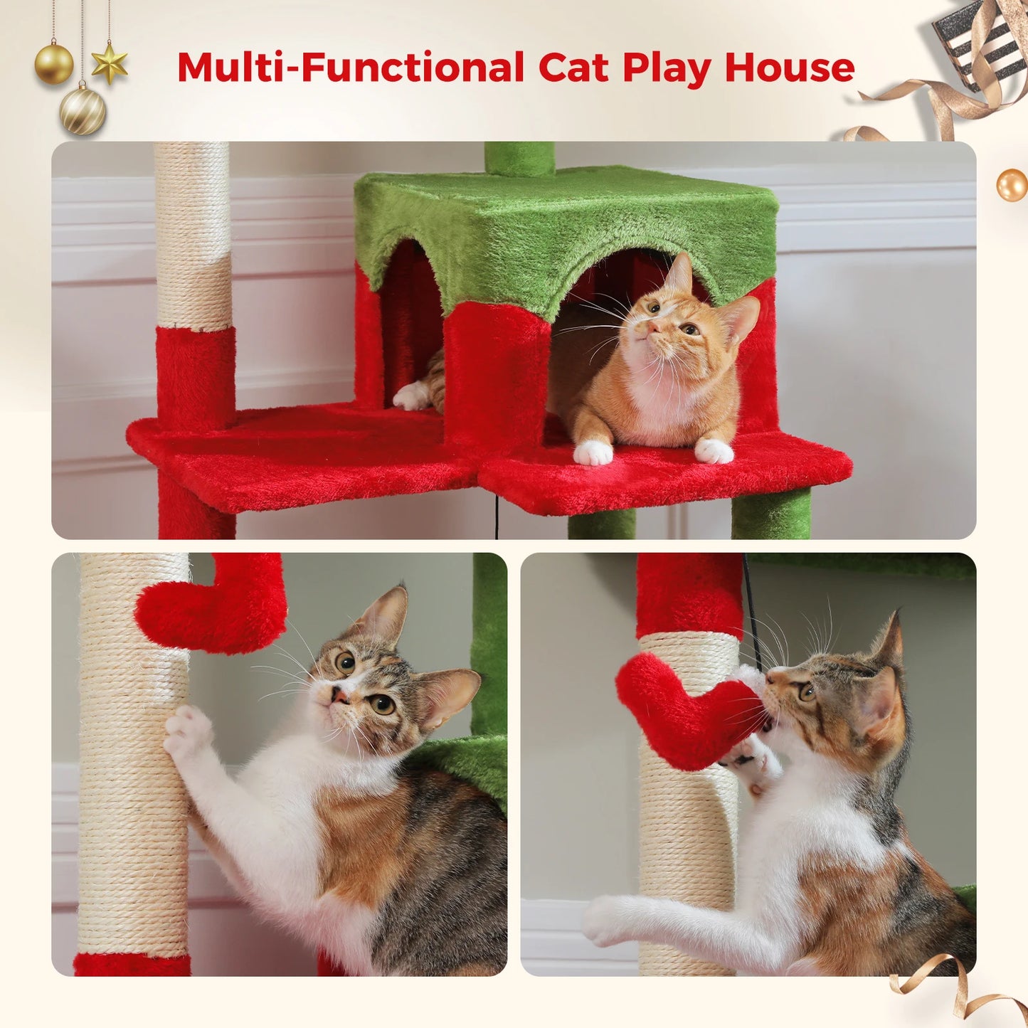 Christmas Cat Tree with Sisal Posts, Condo & Hammock
