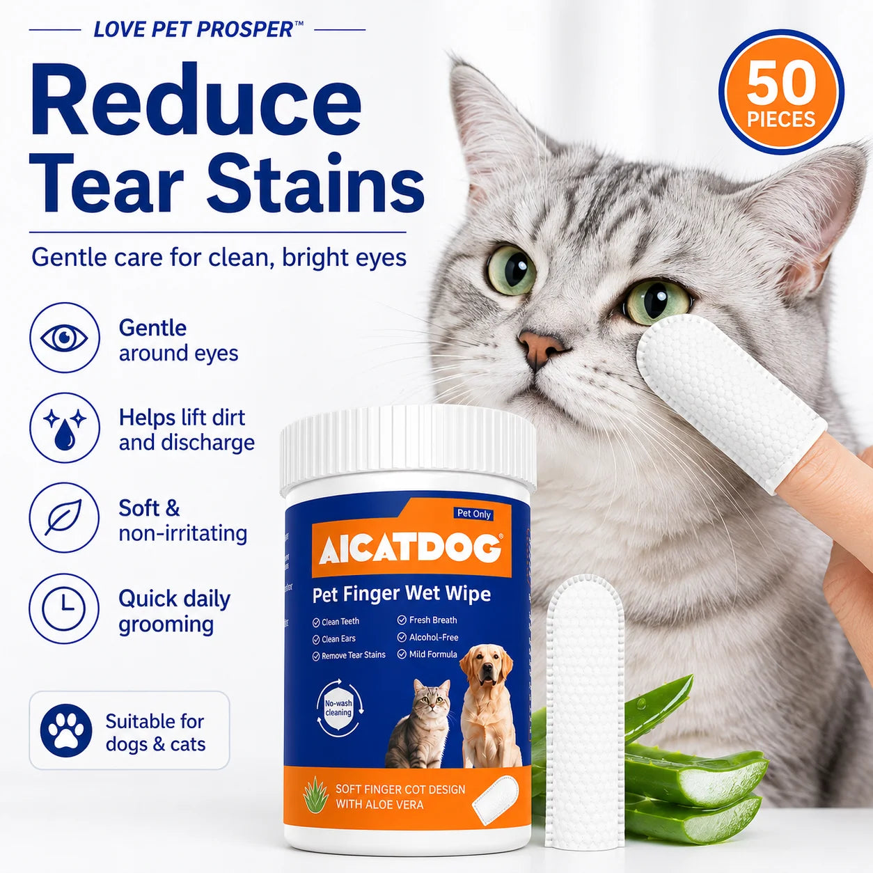 Pet Finger Wipes for Dogs & Cats, 50 Count Dog Dental Wipes & Cat Ear Wipes, Soft Finger Cot Pet Cleaning Wipes for Teeth, Ears & Tear Stains, Alcohol-Free Aloe Vera Grooming Wipes