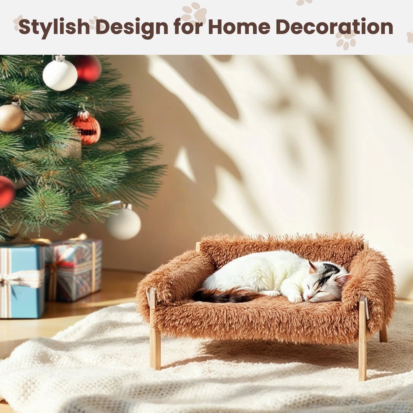 Large Raised Plush Cat Sofa Bed with Wooden Legs