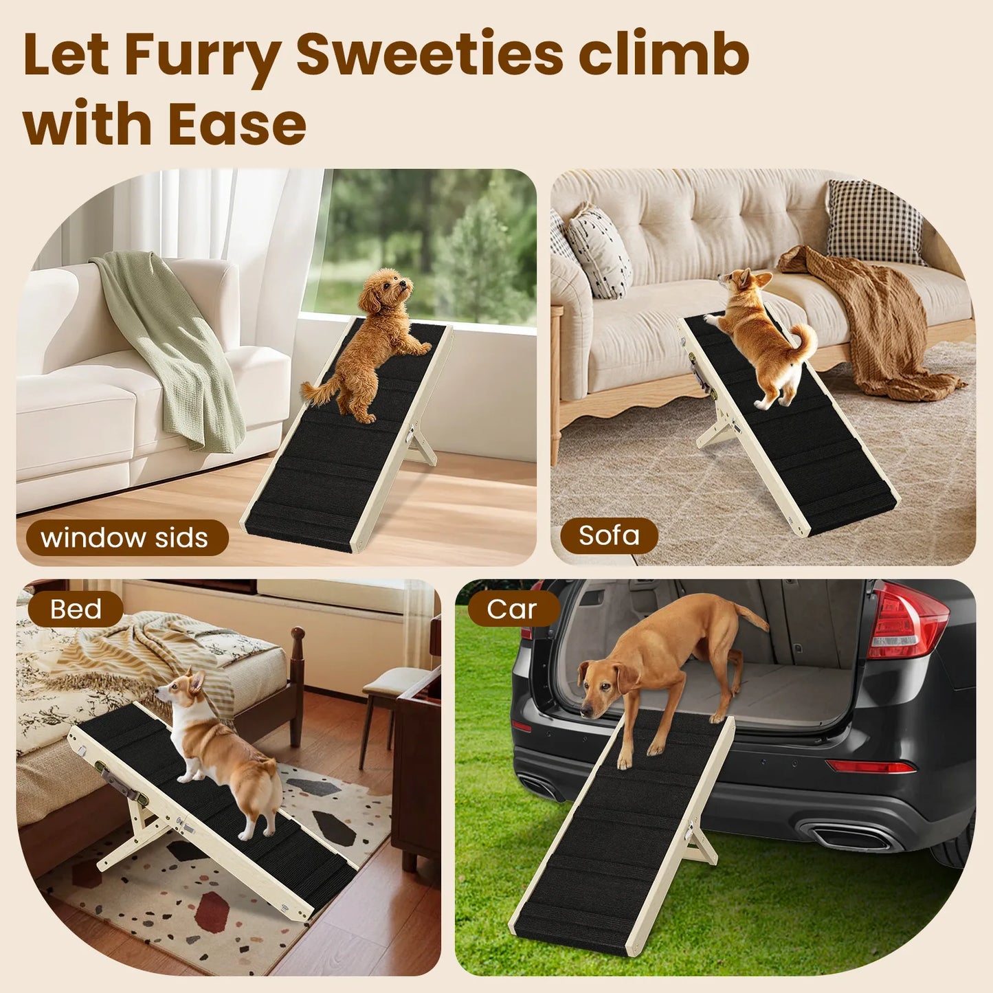 Wood Dog Ramp for Bed, 6-Level Adjustable Height (9" to 18.5") Pet Ramp with Non-Slip Surface for Couch, Bed and Car, Foldable Dog Stairs for Small Dogs, Senior Dogs & Injured Pets, Up to 33LBS
